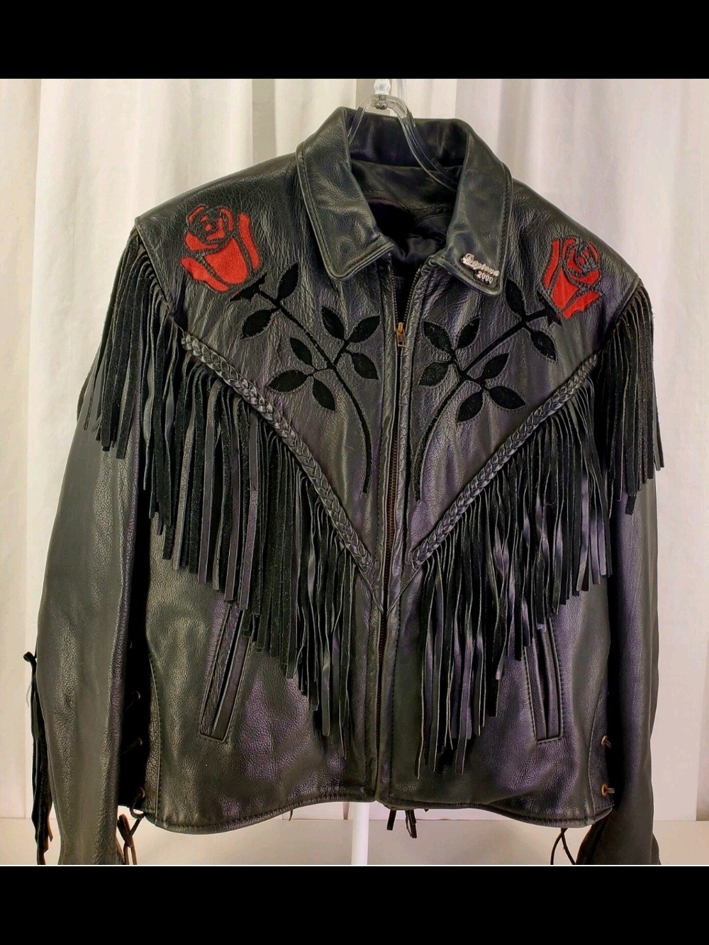Fringed Black Leather Jacket with Red Rose Embroidery & Fringe By Black Rose